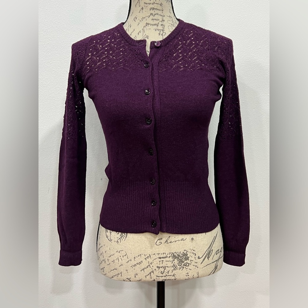 ETRO Milano Plum Wool Silk Cashmere Knit Cardigan Sweater 38 Crochet Top